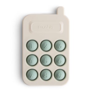 Mushie- sensorische pop-it speelgoedtelefoon – cambridge blue – 10 mnd +